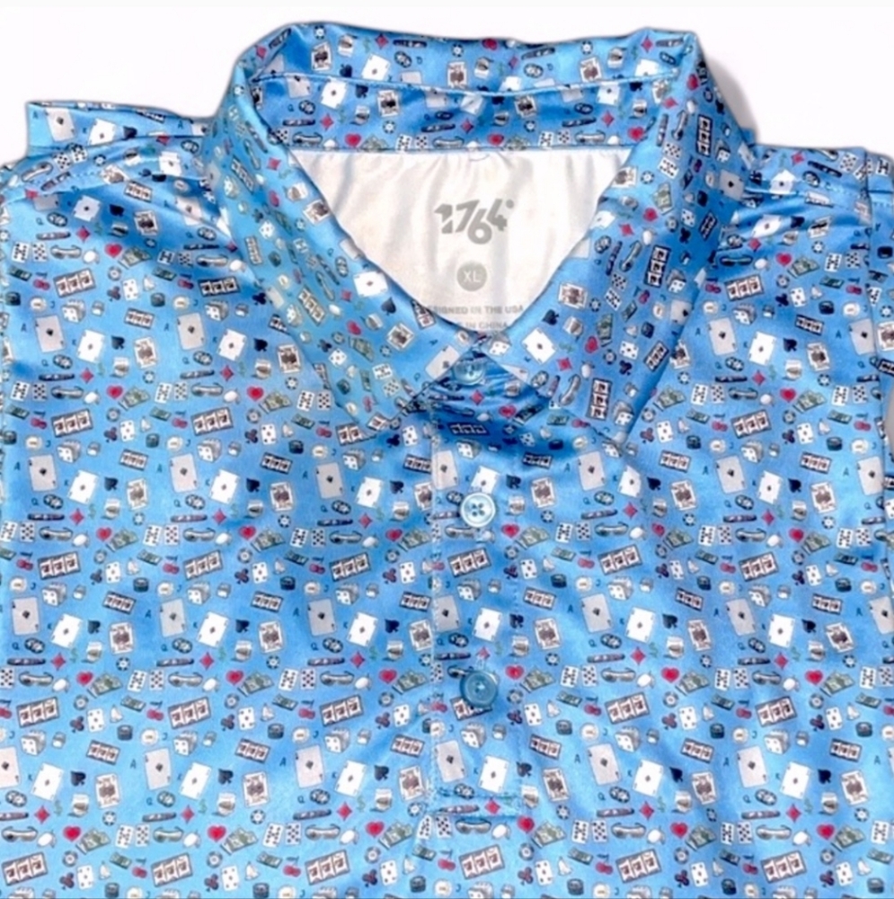 1764 Performance Polo Golf Shirt in Blue Casino Poker Dice Print Size XL